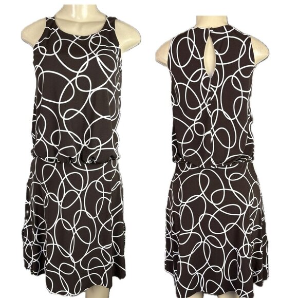 London Times 6 Brown/White Swirl Drop Elastic Waist Above Knee Sleeveless Dress - Picture 1 of 6